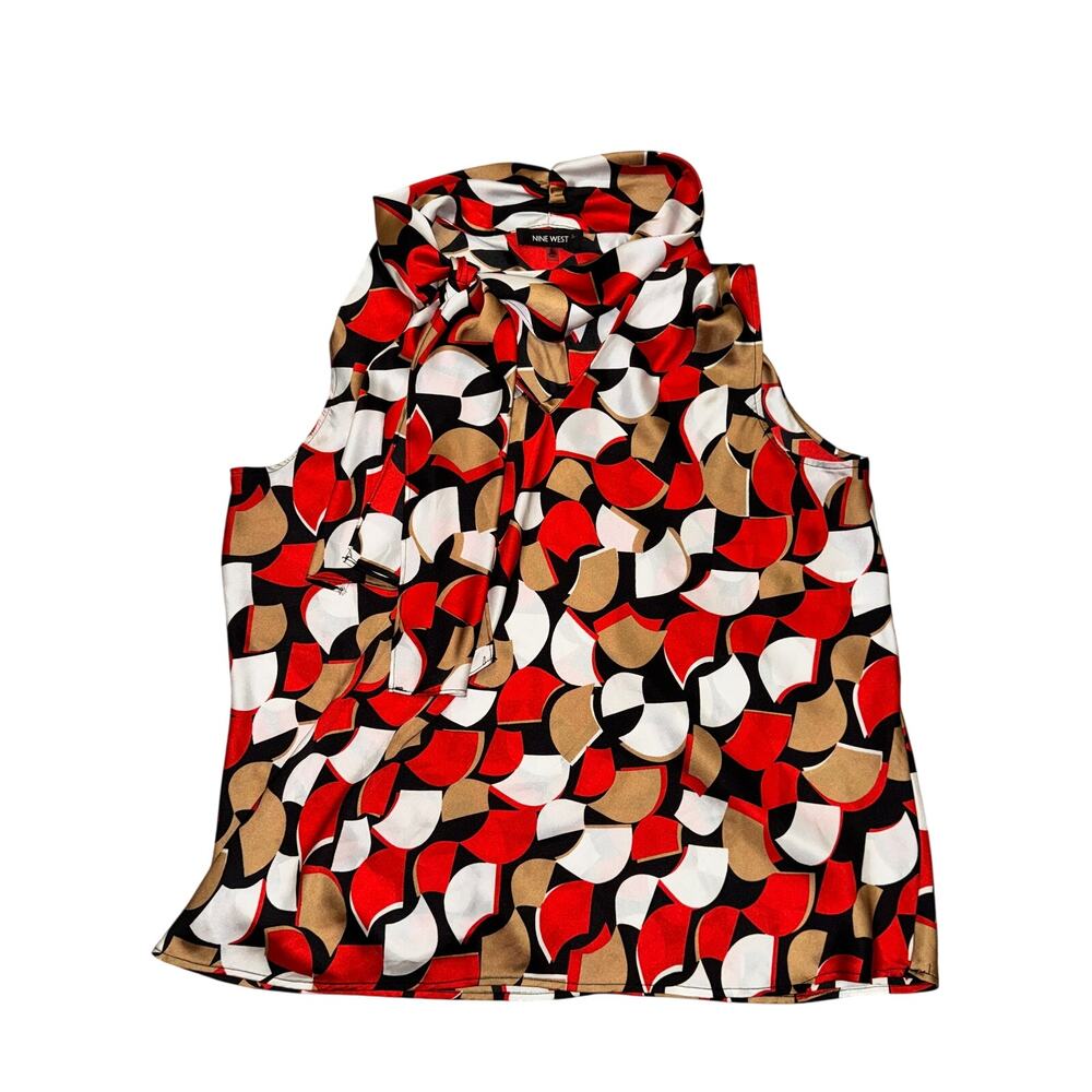 Nine West Printed Neck Tie Blouse Women's Size XL Red Black Tan Sleeveless3